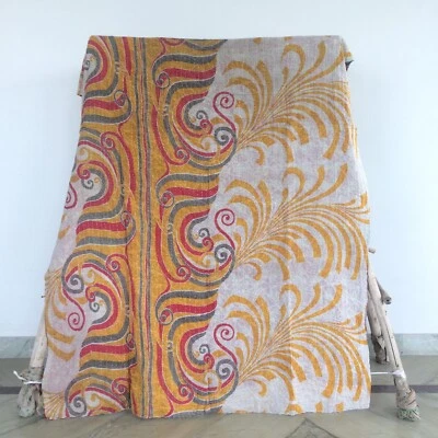 Indian Vintage Twin Kantha Handmade Cotton Quilt Bed Cover Throw Blanket Gudari - Image 1 of 4