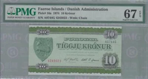 PMG 67 Denmark Faeroe Island 1974 Banknote 10 Kroner EPQ - Picture 1 of 2