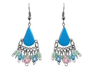 Teardrop Stone Short Beaded Metal Dangle Earrings Handmade Boho Womens Jewelry - Picture 1 of 8