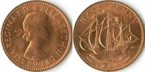 United Kingdom 1966 1/2 Half Penny KM#896 Bronze Queen Elizabeth II Barque Ship - Picture 1 of 3