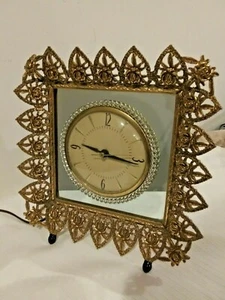 Mid Century Gold Ormolu Roses Mirrored Working Electric Boudoir Table Clock - Picture 1 of 6