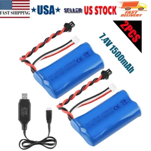 2X 7.4V 1500mAh Li-ion Battery 15C SM Plug Rechargeable Battery with USB Charger - Picture 1 of 11