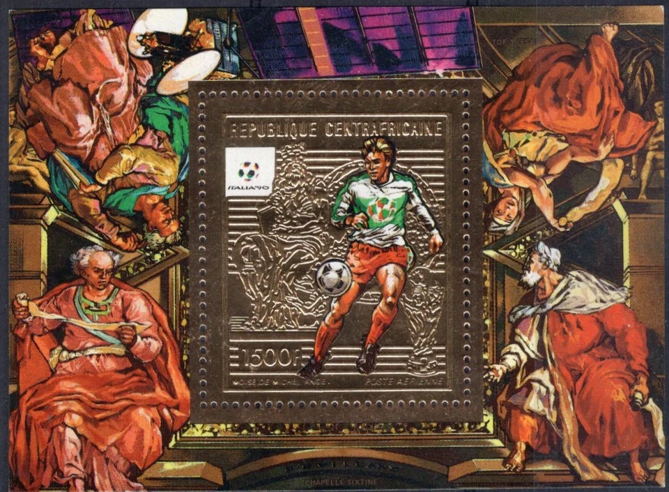 SOCCER W/CUP 1990, CENTROAFICAN, BLOCK IN GOLD, MNH - Image 1 of 1