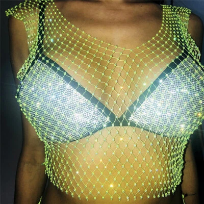 Women Sleeveless Rhinestone Mesh Crop Vest Top See Through V-neck Cover Up - Image 1 of 4