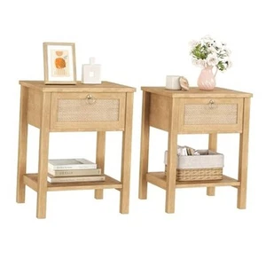 Rattan Nightstand, Boho Bedside Tables with Drawer Open Shelf, End Table with - Picture 1 of 8
