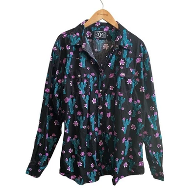 Cowgirl Hardware Black Colorful Cactus Rose Western Pearl Snap Shirt Size XXL - Image 1 of 4