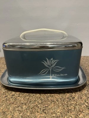 AHORRADOR DE PASTELES/PORTADOR DE PASTELES VINTAGE LINCOLN BEAUTY WARE CROMADO Y AZUL Foto 1 de 4