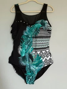 SWIMSUITS FOR ALL ONE-PIECE SWIMSUIT. SIZE: 26 GREEN & BLACK TROPICAL STUDDED - Picture 1 of 5
