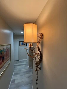 Vintage Tole Italian Florentine Gilt Metal Sconce Chandelier Wall Light, 35" T - Picture 1 of 7