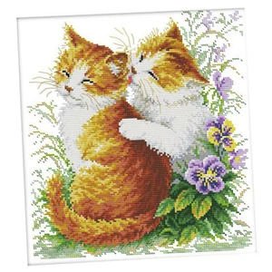 Cross Stitch Stamped Kit Kissing Cats Pattern Embroidery Kit 14CT 33x34cm - Picture 1 of 12