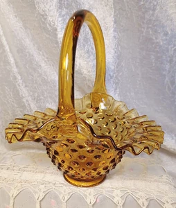 Genuine Fenton Amber Hobnail Ruffled Edge Glass Basket Candy/Trinket Dish - Foto 1 di 11