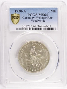 1930A 3 Reichsmarks Weimar  700th Ann Death of Vogelweide PCGS MS64 KM# 69 - Picture 1 of 2