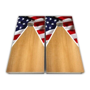 Natural Wood American Flag Cornhole Board Wrap Corn Hole Skin 3M Decal SET (2) - Picture 1 of 2