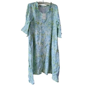 Lintico Livia Kleid Gr. L 100% Leinen blau grün weiß Ikat Print Sommer Midi - Bild 1 von 9