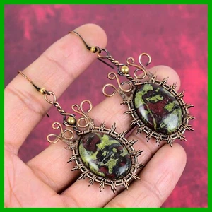 Copper Natural Dragon Bloodstone Wire Wrapped Dangle Drop Wedding Gift Earrings - Picture 1 of 6