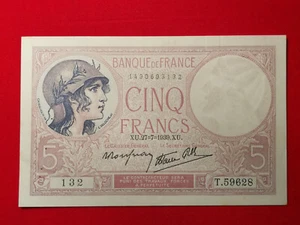 Billet 5 Fr Violet du 27-7-1939 Fay 4/3 Alph. T.59628 SUP / XF !! - Imagen 1 de 2