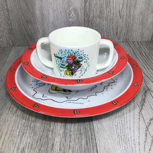 1993 BARNEY Purple Dinosaur Bowl, Plate & Cup Set by Selandia Christmas Themed - Picture 1 of 9