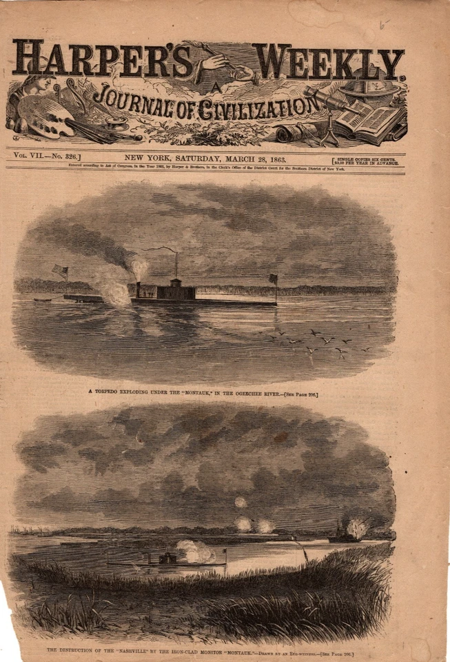 1863 Harpers Weekly  March 28 Montauk and Nashville destroy each other - Image 1 of 1