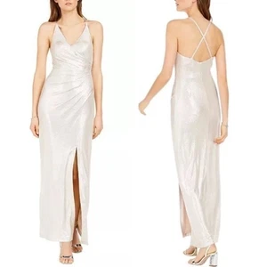 Neu Eliza J Metallic Silber Weiß Abendkleid Kleid Schlitz Crossback Gr. 12 - Bild 1 von 9
