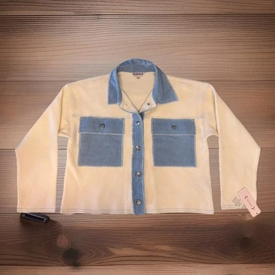 NUEVO CON ETIQUETAS Nanette Lepore Denim Doble Cárdigan Chaqueta Crema Blanco Azul Mujer Talla M Foto 1 de 4