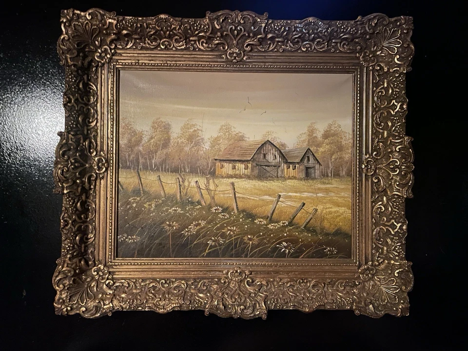 Pintura Original CHARLES P. APPEL GRANERO PÁJAROS Y PRADO (ENMARCADO) 28”X24”X3” Foto 1 de 4