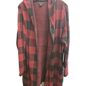 Adrienne Vittadini karierte Damenstrickjacke mit Taschen burgunderrot und schwarz Größe 2X - Bild 1 von 9