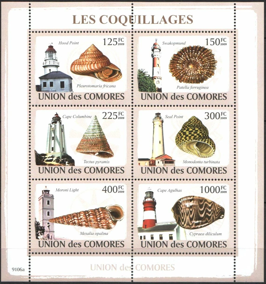 Mint stamps in miniature sheet  Lighouses Shells 2009 Comoros Comores   avdpz - Image 1 of 1