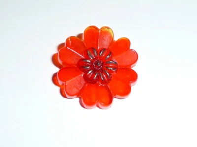 Elegant Red Orange Vintage Flower Shaped Czech Glass Shank Button 7/8"  - Image 1 of 4