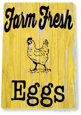 TIN SIGN Farm Fresh Eggs Yellow Décor Coop Barn Egg Store Kitchen Cottage B042 - Image 1 of 2