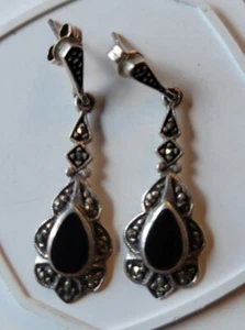 Onyx and Marcasite Dangle Sterling Silver Earrings 3.7 Grams - Picture 1 of 3