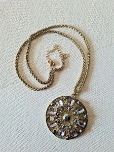 Vintage Purple Crystal Rhinestones Round Pendant Necklace Gunmetal Tone 12.5" - Picture 1 of 6