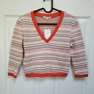 Willow & Clay Orange Cream V-Neck Cropped Half Sleeve Striped Sweater Womens XS - Picture 1 of 5
