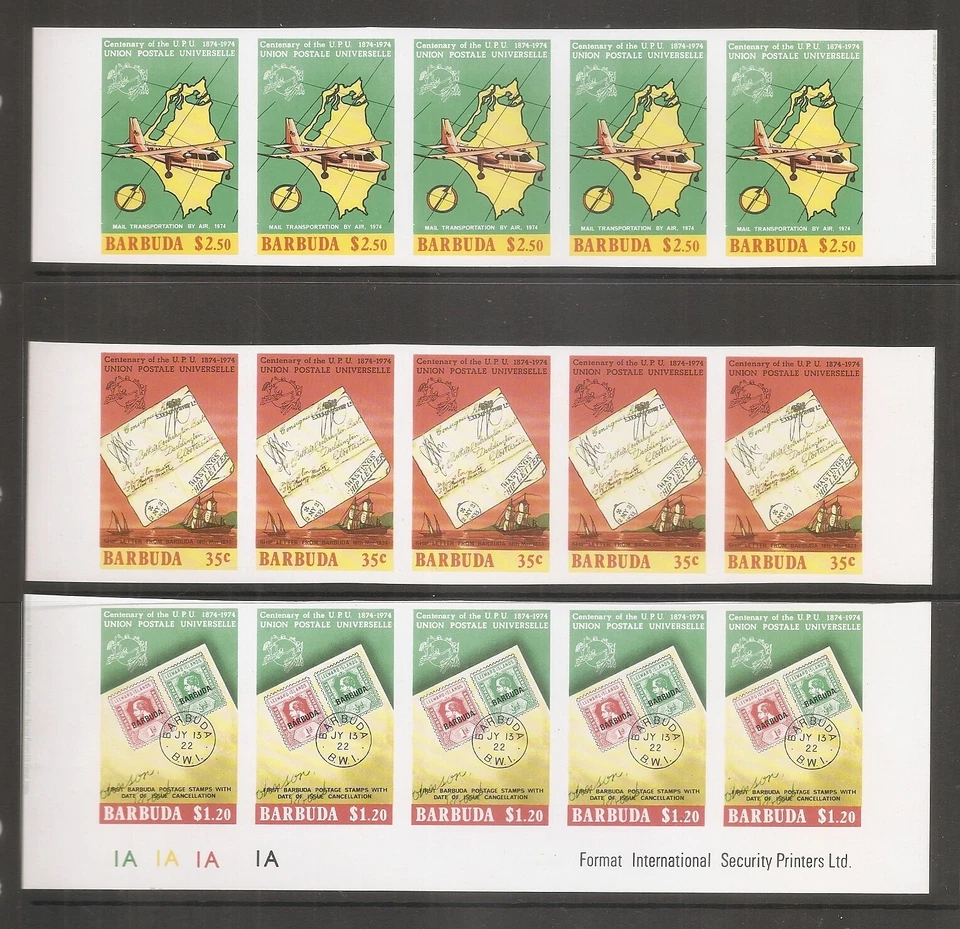 Barbuda SC # 167-169 UPU Centenario.  Prueba perforada, tiras de cinco. MNH Foto 1 de 1
