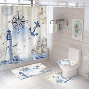 Beacon Anchor Shower Curtain Bathroom Rug Set Bath Mat Non-Slip Toilet Lid Cover