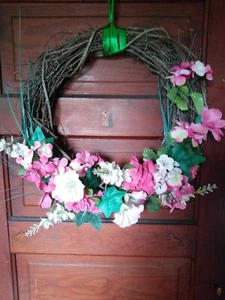 Springtime Pink, White Flowers W/green Foliage Grapevine Wreath W/ Green Ribbon - Picture 1 of 9