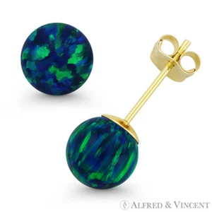 Pendientes de tachuelas empujadas hacia atrás bola de ópalo sintético azul pavo real ardiente en oro amarillo 14k - Imagen 1 de 1