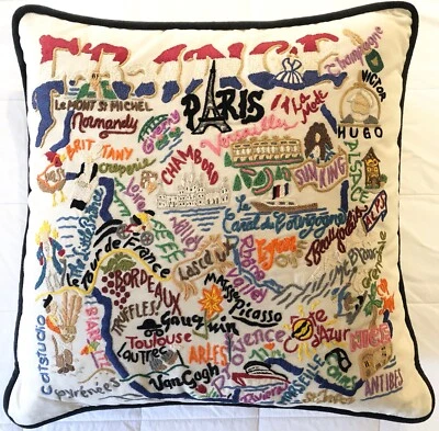 CATSTUDIO 20" Hand - Embroidered FRANCE PARIS Cotton Pillow Cover & Insert 2005 - Image 1 of 4