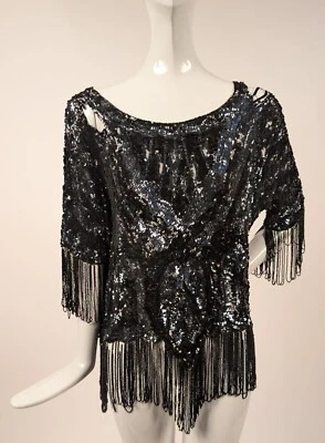 FLAPPER 1920’S TAPA DE LENTEJUELAS GELATINA NEGRA CON BORDE DE BUCLE DE CUENTAS DE VIDRIO Foto 1 de 4