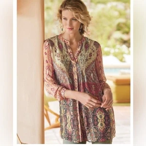 Soft Surroundings Makara Mandarin Collar Tunic Top Size XL Sheer Boho pintuck - Picture 1 of 9