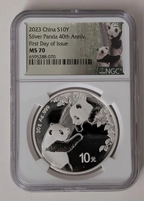 2023 CHINA S10Y SILVER PANDA 40TH ANNIVERSARY FDOI NGC MS70 SKU 6595288-070 - Image 1 of 2