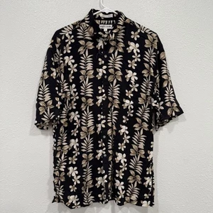 Pierre Cardin Mens Floral Button Up Shirt Black Beige Rayon Hawaiian - Picture 1 of 3