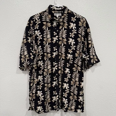 Pierre Cardin Mens Floral Button Up Shirt Black Beige Rayon Hawaiian - Image 1 of 3