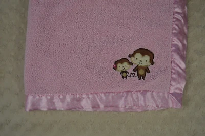 Child of Mine By Carter's Pink Monkey Baby Blanket White Hearts Trim Edge Lovey - Image 1 of 4