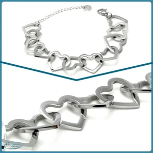 bracciale in acciaio inox da donna catena di cuori maglie grandi braccialetto - Foto 1 di 10