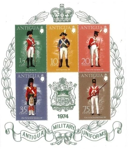 Antigua 1974 - Military Uniforms - Sheet of 5 Stamps - Scott #333A - MNH - Image 1 of 1