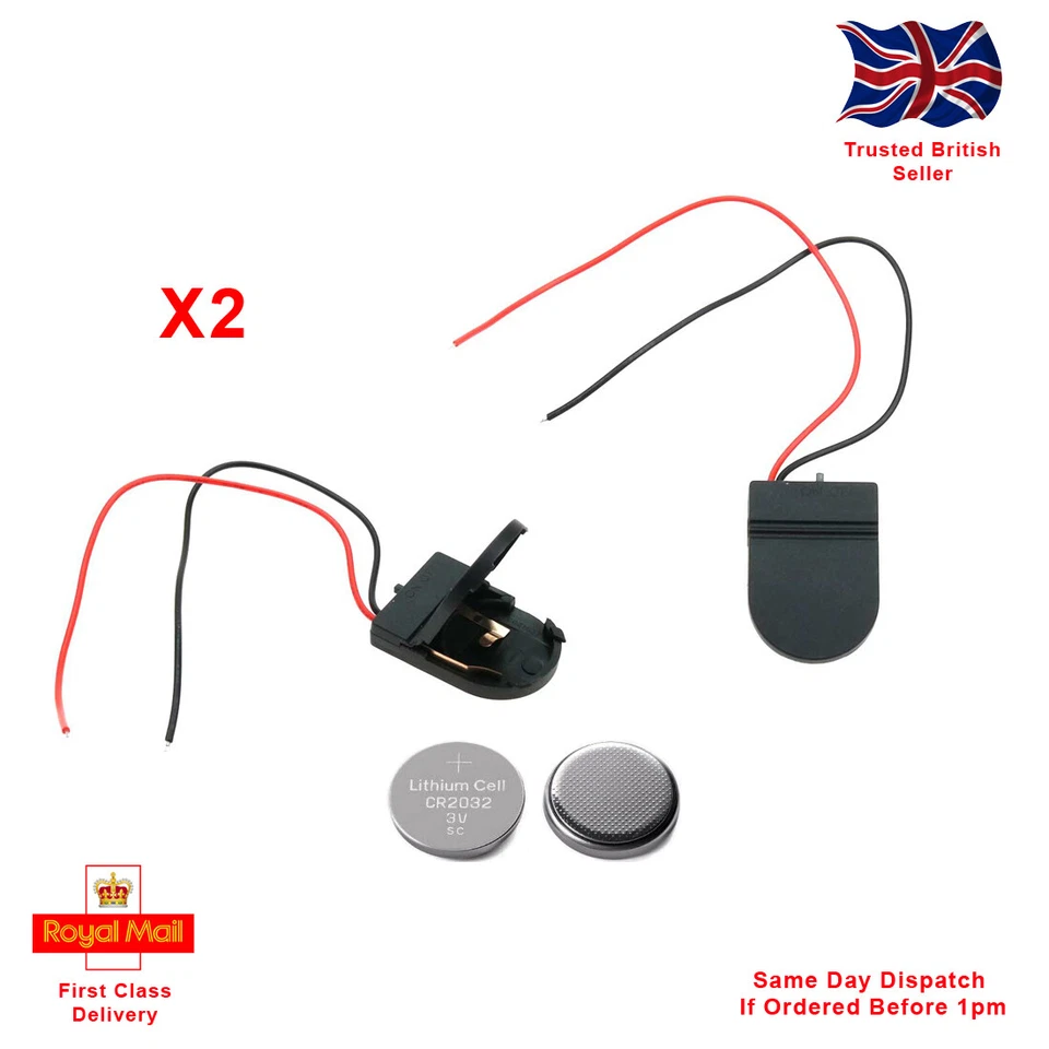 x2 CR2032 Lithium Batteries & X2 3v Cell Battery Holders With On / Off Switch.