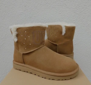 UGG CHESTNUT CLASSIC GEM MINI BLING SUEDE/ WOOL BOOTS, WOMEN US 9/ EUR 40 ~NIB - Picture 1 of 7