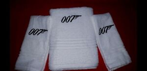 CUSTOM 3 PIECE JAMES BOND 007 WHITE BATH & HAND TOWEL SET 