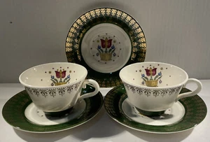 American Limoges TRIUMPH 2 Cups 3 Saucers U.G Forest Green Dutch Tulip 22K Gold - Picture 1 of 12