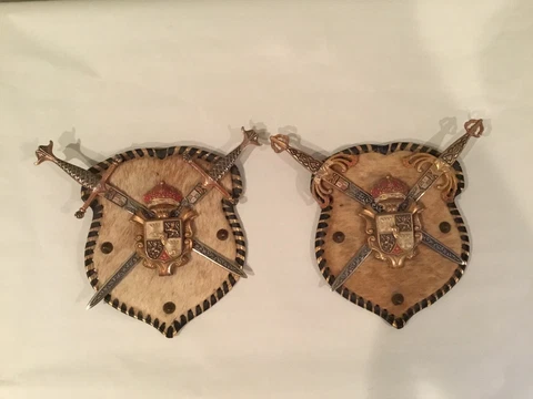 Vintage Set Of 2 Medieval Coat of Arms Plaque w/Swords Crest Wall Hanging Spain Cover